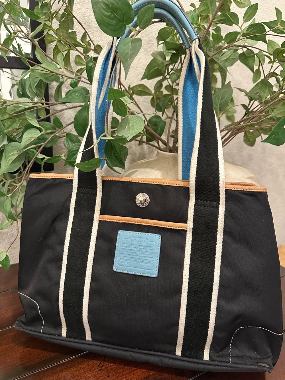 Coach Black Canvas Tote with Blue Accents and Tan Trim - Picture 1 of 15